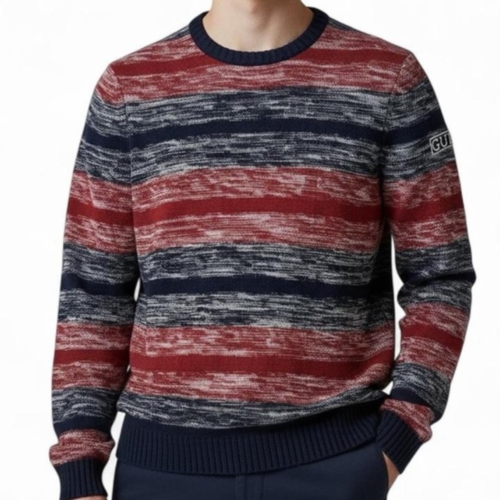 Vintage GUESS Navy Blue Red Striped Knit Crewneck Sweater Heritage Fisherman